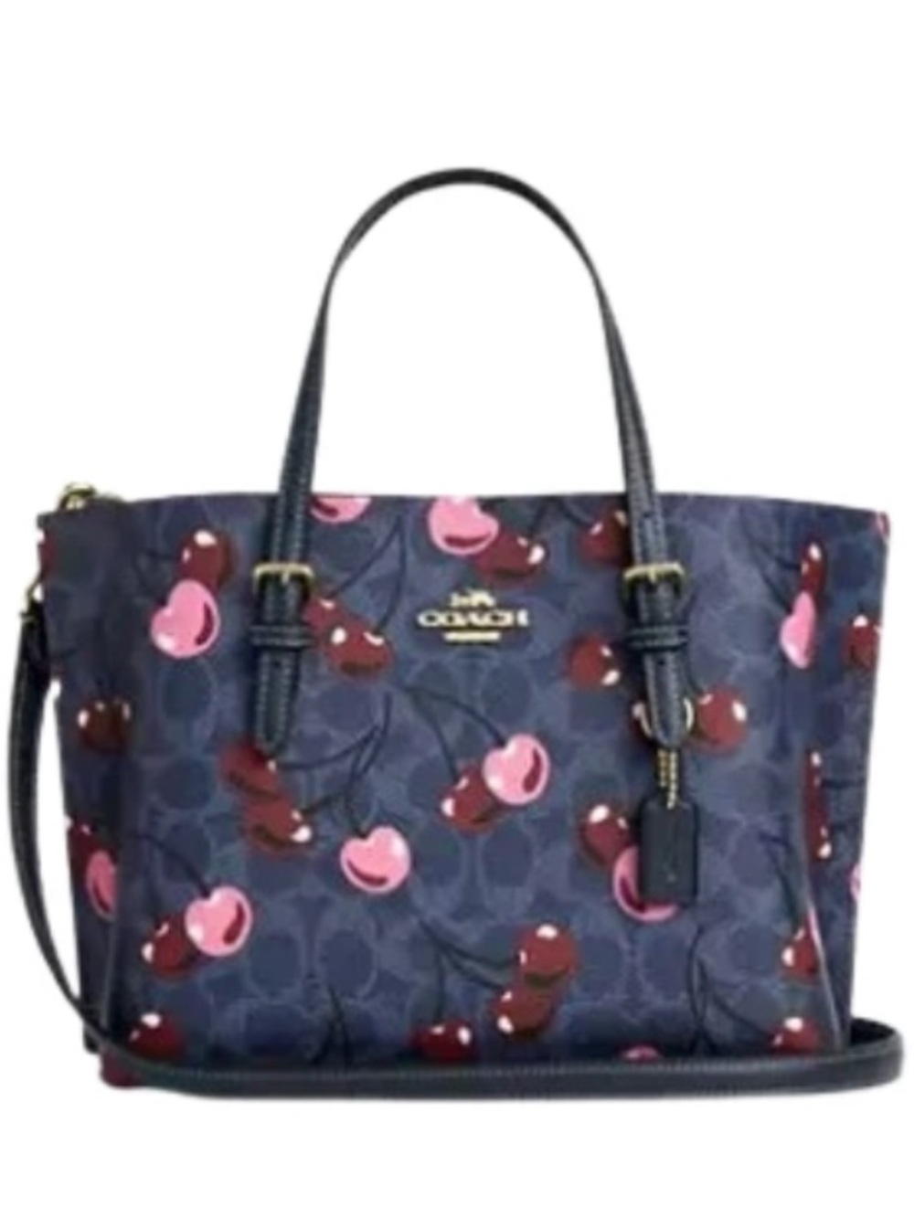 Coach Mollie Tote 25 in Signature Canvas w/Cherry Print on Dark Denim NWOT